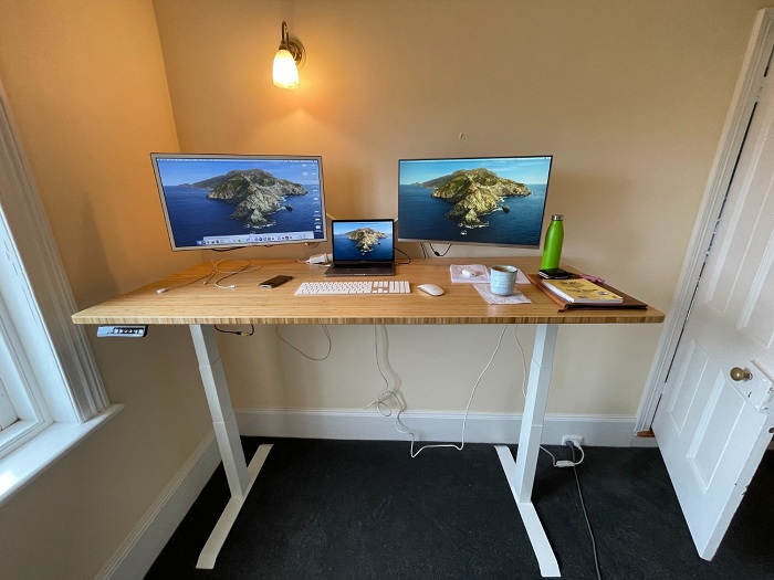 Dual bamboo sit stand desk for small spaces